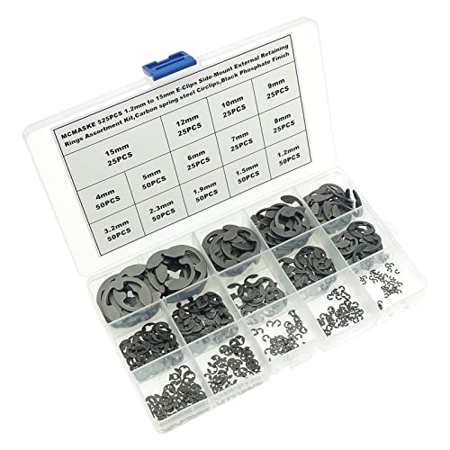 525PCS 14 Kinds Metric E-Clips Side-Mount External Retaining Rings Assortment Kit,1.2mm to 15mm Nominal Diameter,Black Phosphate Finish