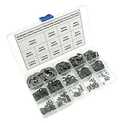 525PCS 14 Kinds Metric E-Clips Side-Mount External Retaining Rings Assortment Kit,1.2mm to 15mm Nominal Diameter,Black Phosphate Finish