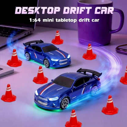 Mini RC Drift Car 1/64, Micro Remote Control Car with Led Lighting | 2.4ghz stunt pocket desktop drift cars with 4 obstacles & joystick control, adjustable dual speed modes - color: 1 Pc Blue