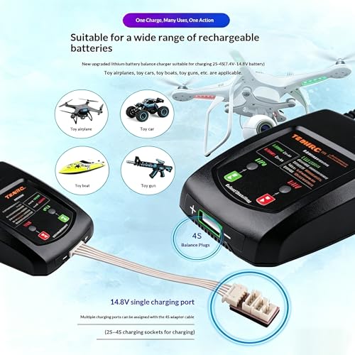 18W Fast LiPo Battery Charger, 2S 3S 4S RC Balance Charger Compatible with 7.4-14.8V LiPo & 8.7-17.4V LiHV Batteries, XH3P XH4P XH5P Connectors for FPV Drones, Airsoft Guns, RC Vehicles - size: LiPo Battery Charger