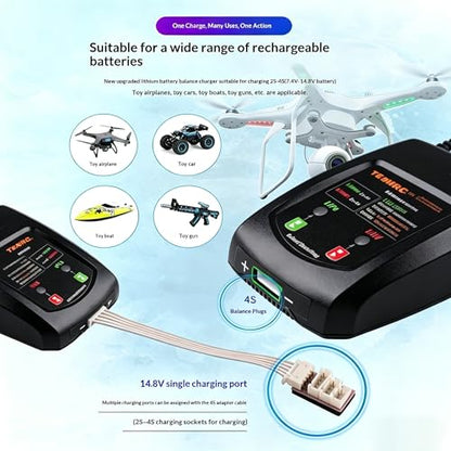 18W Fast LiPo Battery Charger, 2S 3S 4S RC Balance Charger Compatible with 7.4-14.8V LiPo & 8.7-17.4V LiHV Batteries, XH3P XH4P XH5P Connectors for FPV Drones, Airsoft Guns, RC Vehicles - size: LiPo Battery Charger