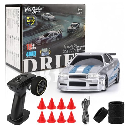[2026 Upgrade 1/43 Mini RC Drift Car with Gyroscope, 4WD RTR | Gyro Mini Drift RC Car, 1/43 RC Drift Car Toys for Kids Ages 8-14, Birthday Gifts for Boys Girls, 2 Tire Sets, 8 Cones - color: Silver Blue