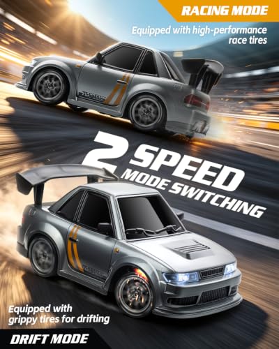 RC Drift Car, 1/24 Remote Control Drift Car for Adults Kids, 4WD 20KM/H High Speed RC Sports Cars with LED Lights, Extra Racing Tires, Vehicle for Boys Beginners Indoor Outdoor, Silver Grey
