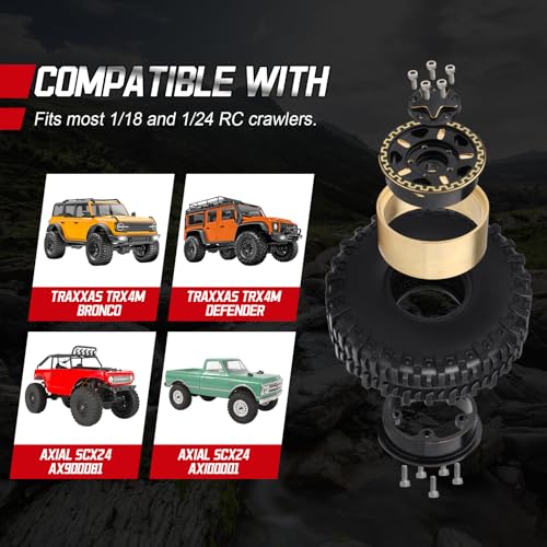 HobbyPark Brass 1.0 Beadlock Wheels and Tires for TRX4M Upgrades Axial SCX24 1/24 RC Crawler Replacement Parts, Set of 4 (Type C) - style: Type C
