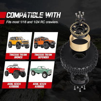 HobbyPark Brass 1.0 Beadlock Wheels and Tires for TRX4M Upgrades Axial SCX24 1/24 RC Crawler Replacement Parts, Set of 4 (Type C) - style: Type C