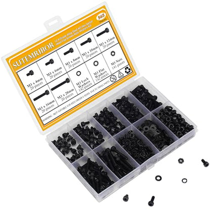 565 Pieces M3 Screws Nuts Washers Set Black, Sutemribor M3 x 4/6/8/10/12/16/20mm Hex Socket Head Cap Screws Nuts Washers Assortment Kit, 12.9 Grade Alloy Steel, Fully Threaded - size: M3, style: Socket Head