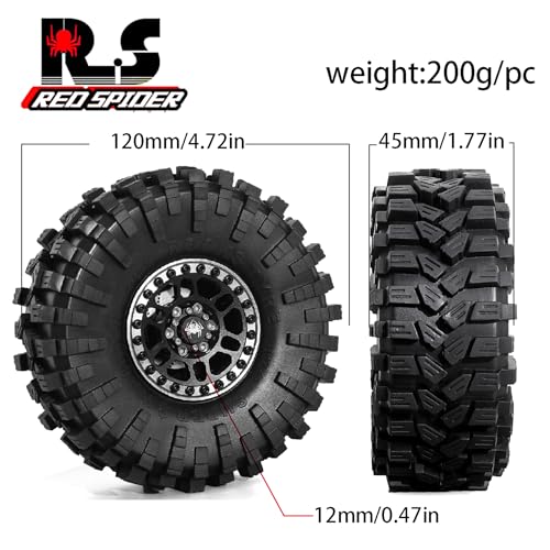 REDSPIDER 1.9 Beadlock Wheels and Tires Set（4PCS） Aluminum 1.9 Wheels All Terrain Tires.for 1/10 Scale Rock Crawler Car Axial SCX10 SCX10 II III 90047 D90 TF2 Tamiya CC01 TRX4 TRX6