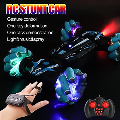 GoolRC Gesture Sensing RC Stunt Car with Light & Music, 4WD 2.4GHz Remote Control Car, Hand Controlled RC Cars with Double Sided 360?Rotating and Cool Spray (Blue)
