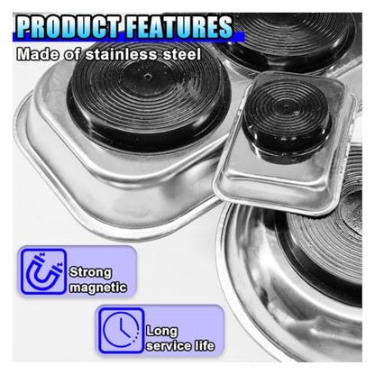 3PCS Magnetic Tray Holder, Stainless Steel Extra Strong Magnetic Bowl Parts Tray Set for Screws, Nuts, Bolts, Sockets, Pins – Mechanic Tool Metal Parts Organizer for Automotive Repair(Round&Rectangle)