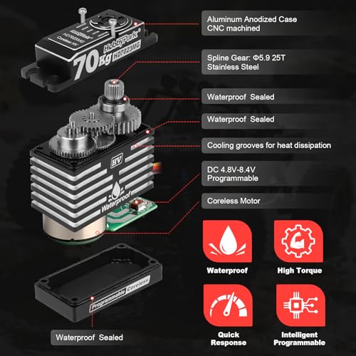 HobbyPark Waterproof 70kg High Torque RC Servo Coreless Motor RC Steering Servos Standard Size Metal Stainless Steel Gears Aluminum Case for 1/8 1/10 RC Crawler Car Truck 180° HV Upgraded Parts