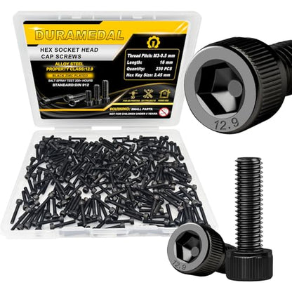 M3 x 16mm Screws 230pcs, Hex Socket Head Cap Screws Bolts, M3 x 16 Bolts 12.9 Grade Alloy Steel, Black Zinc Plated, Allen Socket Drive, Fully Threads, Small Metric Screws - size: M3*16mm 230pcs