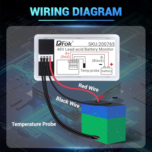 DROK 48v Golf Cart Battery Meter, 10-100v Digital Volt Meter Battery Capacity Tester Temperature Gauge, Black, 60cm Cable - color: Black, size: 48V/60cm Wire