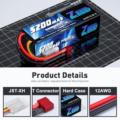 Zeee 3S 5200mAh Lipo Battery 11.1V 80C Hardcase Battery with T Connector for RC Car Boat Truck Helicopter Airplane Racing Models(2 Pack)