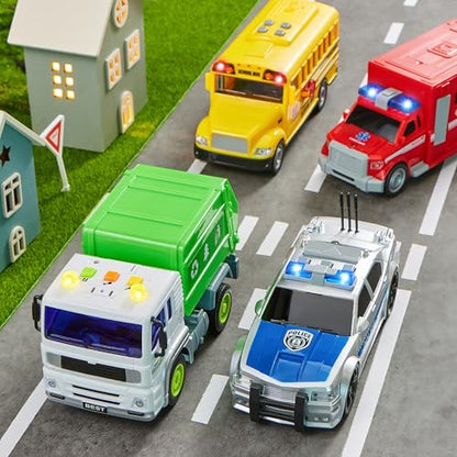 JOYIN 4 Pcs 7" Long Vehicle Toy Set, Toddlers Cars with Lights and Siren Sound, Including Play Police Car, School Bus, Garbage Truck, Ambulance, Birthday Party Gifts Toys for Boys 3-5