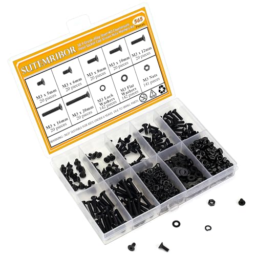 565 Pieces M3 Screws Nuts Washers Set Black, Sutemribor M3 x 5/6/8/10/12/16/20mm Countersunk Head Socket Cap Screws Nuts Washers Assortment Kit, 10.9 Grade Alloy Steel, Fully Threaded - size: M3, style: Countersunk Head Socket Cap