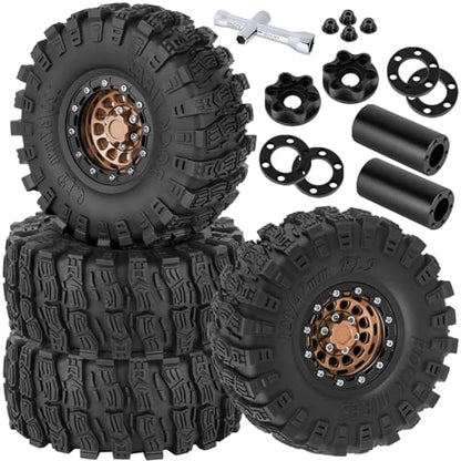 RC 1.9 Beadlock Rims & Wheels Tires w/Adjustable Offset for 1/10 SCX10 TRX4 TRX6 Gen7/8 D90 VS4-10 MST CFX RC Crawler Car,BRCatWPark 4pcs Aluminum Double Rims and Rubber Tires w/Sponge,Brown - color: Brown - (Adjustable Tires)
