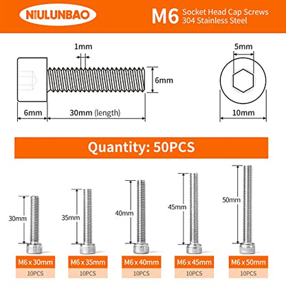 M6 x 30mm 35mm 40mm 45mm 50mm Hex Socket Head Cap Screws Bolts 304 Stainless Steel Metric Machine Allen Hex Drive, Fully Threaded, Assortment Kit 50PCS - size: M6 x 30/35/40/45/50mm (50PCS)