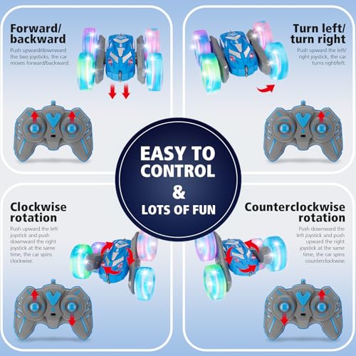 Amicool Remote Control Car for Boys 6-12 with Flashing Lights – 4WD Double-Sided 360° Flip Stunt RC Car | Birthday Indoor & Outdoor Play | Blue - color: Blue