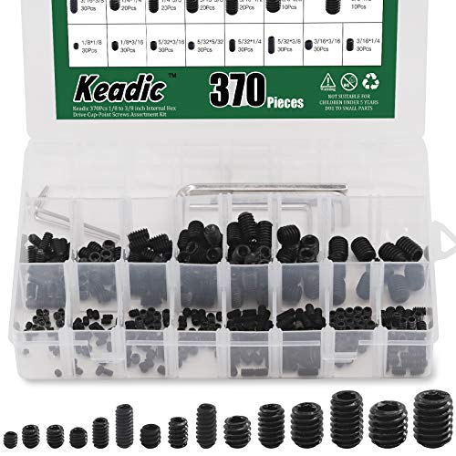 Keadic 376Pcs Internal Hex Drive Cup-Point Screws Assortment Kit, 15 Sizes Alloy Steel Hex Socket Set Cap Point Grub Screws, Socket Head Cap Screws Grub Screws, Black (1/8" to 3/8") - style: 376pcs SAE 10 Sizes Cup Point Set Screw Kit