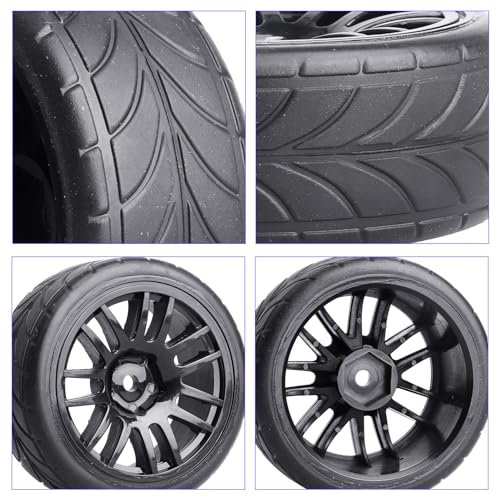 Preglued 1/10 RC Touring Wheels Tires Set 12mm Hex with Foam Inserts Compatible with Tamiya TT02 TT01 Traxxas 4tec 2.0 3.0 RC On Road Car