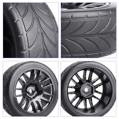 Preglued 1/10 RC Touring Wheels Tires Set 12mm Hex with Foam Inserts Compatible with Tamiya TT02 TT01 Traxxas 4tec 2.0 3.0 RC On Road Car