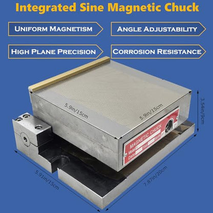 6x6 Inch Magnetic Sine Plate Rectangular Magnetic Chuck Fine Pole Permanent Magnet Sucker with 0-45 Degree Dip Angle for Grinding Milling Machine Lathe