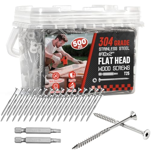 #10x2 Inch 304 Stainless Steel Deck Screws 500 PCS - Corrosion-Resistant Outdoor Wood Fasteners for Fences, Decks, Wood Project - T25 Star Drive Bit - size: #10 x 2" 500Pcs
