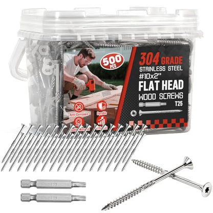 #10x2 Inch 304 Stainless Steel Deck Screws 500 PCS - Corrosion-Resistant Outdoor Wood Fasteners for Fences, Decks, Wood Project - T25 Star Drive Bit - size: #10 x 2" 500Pcs