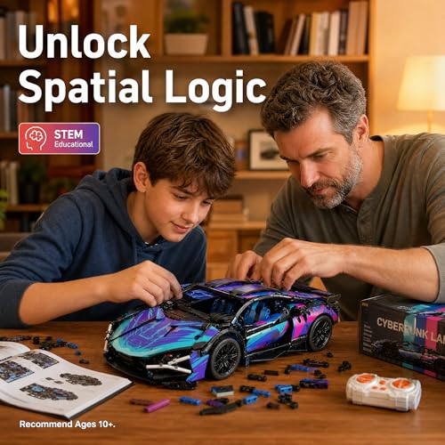 RC Car Building Kit, 1:14 App Control Car Kit with LEDs | car kit with 825 pieces, LED lights, app play, and 2.4GHz remote control; built for family building, indoor driving, display. - color: Cyberspace Blue