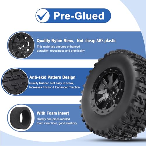 RC Wheel Set 4pcs Tires and Wheels Rims Pre-Glued SCT Tires for 1:10 RC Short Course Truck Slash 4x4 2WD VKAR 10SC HPI Losi SCT Redcat Blackout SC (Style A) - style: Style A