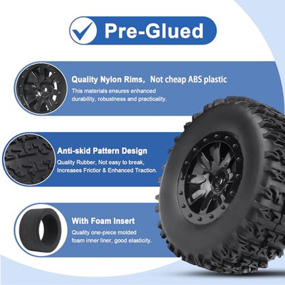 RC Wheel Set 4pcs Tires and Wheels Rims Pre-Glued SCT Tires for 1:10 RC Short Course Truck Slash 4x4 2WD VKAR 10SC HPI Losi SCT Redcat Blackout SC (Style A) - style: Style A