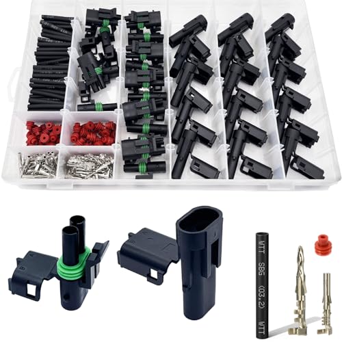 18-14 AWG 2 Pin Connector Waterproof Weather Pack Connectors Kit, 15 Set | Twippo 2 Wire WeatherPack Male and Female Automotive Electrical Wire Connectors Plug Terminals with 60pcs Shrink Tubing Kit - size: 18-14AWG 15Set