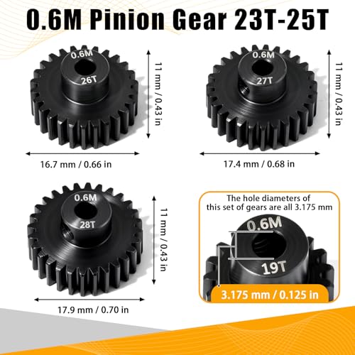 3PCS 0.6M Hardened Steel Pinion Gear Set with 3.175mm Shaft, 0.6 Metric Pitch 26T 27T 28T Pinion Gears for 540 550 Brushed Brushless Motor, Compatible with 1/10 Tamiya Redcat HSP HPI RC Car - size: 26 27 28T