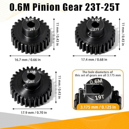3PCS 0.6M Hardened Steel Pinion Gear Set with 3.175mm Shaft, 0.6 Metric Pitch 26T 27T 28T Pinion Gears for 540 550 Brushed Brushless Motor, Compatible with 1/10 Tamiya Redcat HSP HPI RC Car - size: 26 27 28T