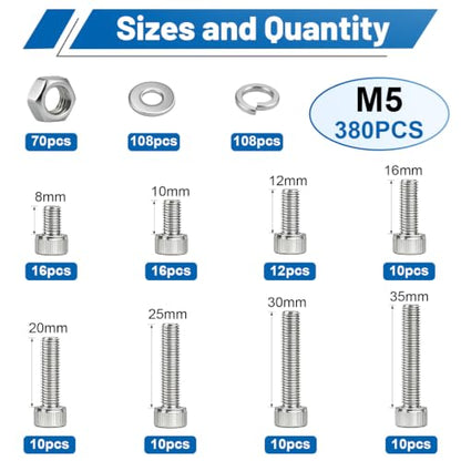380PCS M5 Hex Socket Head Cap Screw Assortment Kit 304 Stainless Steel | Metric Machine Bolts and Nuts, Flat & Spring Washers, M5x8/10/12/16/20/25/30/35 mm for 3D Printer, RC Car, Drones, DIY Repair - size: SS M5 380PCS
