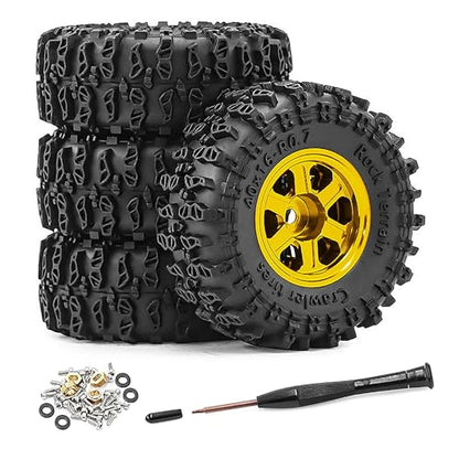 0.7" Aluminum Beadlock Wheel & Crawler Tire Set for 1/30 RC Crawler, CNC Rims, 40 x 16 mm Tires, Includes Screwdriver, Pre-Assembled 4 pcs, Yellow - color: Yellow, size: Rock-Trail-Clean-Out