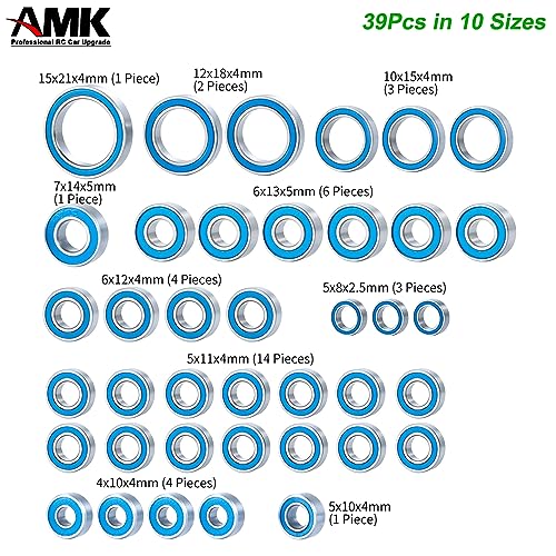 39Pcs TRX4 Metal Ball Bearings Kit, Rubber Sealed Axial SCX10 Bearings Set for 1/10 RC Crawler 92076-4 82046-4 Bronc TRX6 Slash UDR Tamiya TT-02 Semi