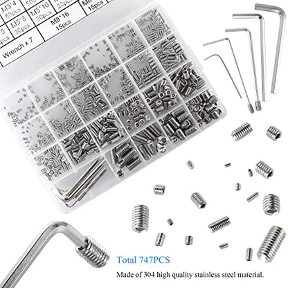 747Pcs M2/M2.5/M3/M4/M5/M6/M8 Metric Hex Socket Head Cup Point Set Screws, Allen Head Grub Screws, Internal Hex Drive Headless Set Screws Assortment Kit with 7Pcs Hex Keys, 304 Stainless Steel - color: Silver:747pcs Metric M2-M8 Cup Point Set Screw