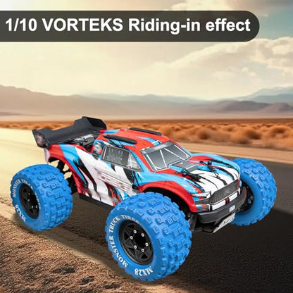 LRFHL MX28 F/R 2.8" RC Monster Truck Tires and Wheels 4PCS, Blue | 12mm/14mm Hex Adapter, 1/10 RC Monster Truck, Compatible with Traxxas Stampede Rustler Redcat Arrma Vorteks Big Rock Granite - color: Blue Tires+ Black Hex Wheel-2