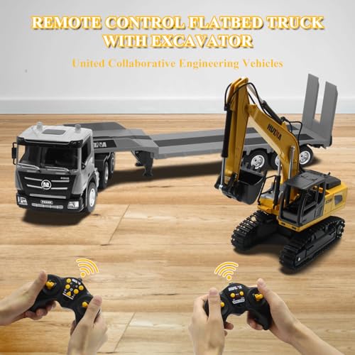 Fistone RC Semi Truck & Excavator Set, 2.4Ghz Remote Control Toys, 1:24 RC Semi-Trailer Engineering Tractor With Sound and Lights, Construction Vehicles for Boys - color: Gray
