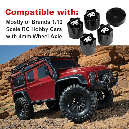 Hobbypark 4PCS Aluminum RC Car Wheel Rim Center Cap Adapter M4 Nut for 1/10 RC Crawler Traxxas TRX4 Axial SCX10 90046 D90 Redcat Gen7 (Black)