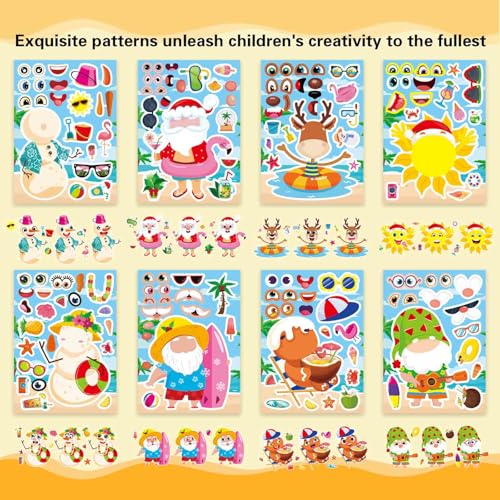 Hawaiian Tropical Summer Stickers for Kids, July Christmas Stickers | 24 PCS Make Your Own Mix and Match Sticker with Santa Claus, Reindeer, Gingerbread Man, Snowman, Summer Holiday Party Favor - style: July Christmas