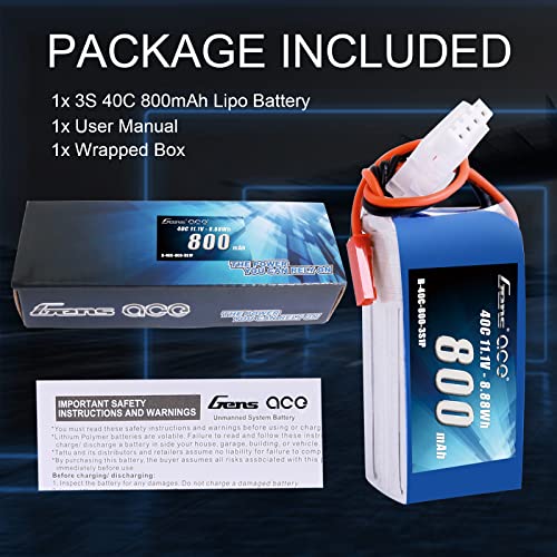 Gens ace 3S 800mAh 11.1V 40C LiPo Battery Pack with JST Plug for 200 250 Heli 800mm Warbirds Eflite Blade CP CP Pro Helicopter Compare to E-flite EFLB8003SJ30 - size: 1 Pcs