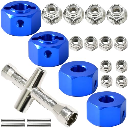 Aluminum 12mm Hex Wheel Hub 4Pcs w/Axle Pin M4 Flange Lock Nut Standard M3 M4 Nut, 7mm Thickness Wheel Drive Adapter Upgrades Parts for 1/16 TRAXXAS MINI MAXX 4WD RTR RC Car(Blue) - color: Blue