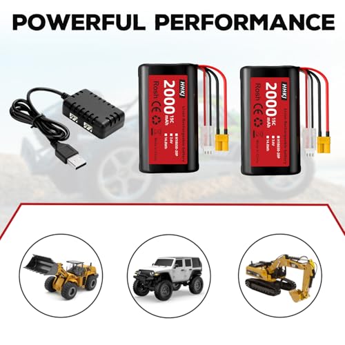 Li-ion Battery 7.4V 2000mAh with XT-30 Plug 2S Rechargeable RC Battery Suitable for 4WD High Speed RC Cars and Most 1/12, 1/16, 1/18 Scale RC Cars Trucks with 1 to 2 Charger