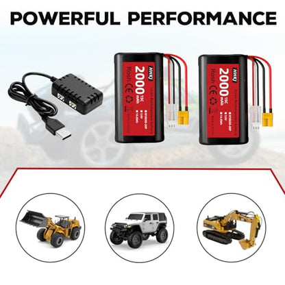 Li-ion Battery 7.4V 2000mAh with XT-30 Plug 2S Rechargeable RC Battery Suitable for 4WD High Speed RC Cars and Most 1/12, 1/16, 1/18 Scale RC Cars Trucks with 1 to 2 Charger