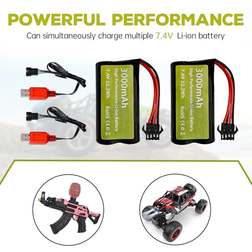 sea jump 2PCS 7.4V 3000mAh 15C 2S SM-4P Plug Li-ion Battery with USB Charger for EC08 DE85 RC Car, Truck RC Ship RC Drone Engineering Vehicle Backup Battery