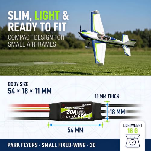 ZTW Mantis Slim G2 30A ESC 2-4S RC Airplane Speed Controller with 6V/3A Switching BEC XT60 Plug Programmable ESC for Sport Fixed-Wing and Gliders