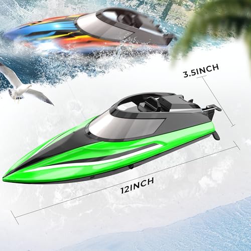 BEZGAR 2 Pack 12 Inch 30 KPH Fast RC Boats with LED Lights & Case | 30 KPH Speed remote control boats; 8-Shaped Stunt Mode; LED Lights & Storage Case; Waterproof Boats for Pools & Lakes - color: Green