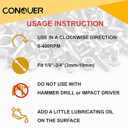 CONQUER Deburring External Chamfer Tool, Tungsten Blade, Fits 1/8"-3/4" | For Steel, Copper, Brass, Aluminum, PVC & Wood. 1/4" quick-release shank, spark-free 0-400 RPM. Repairs bolts, rods & pipes - size: PREMIUM TUNGSTEN Blade 1/8"-3/4"(3mm-19mm)